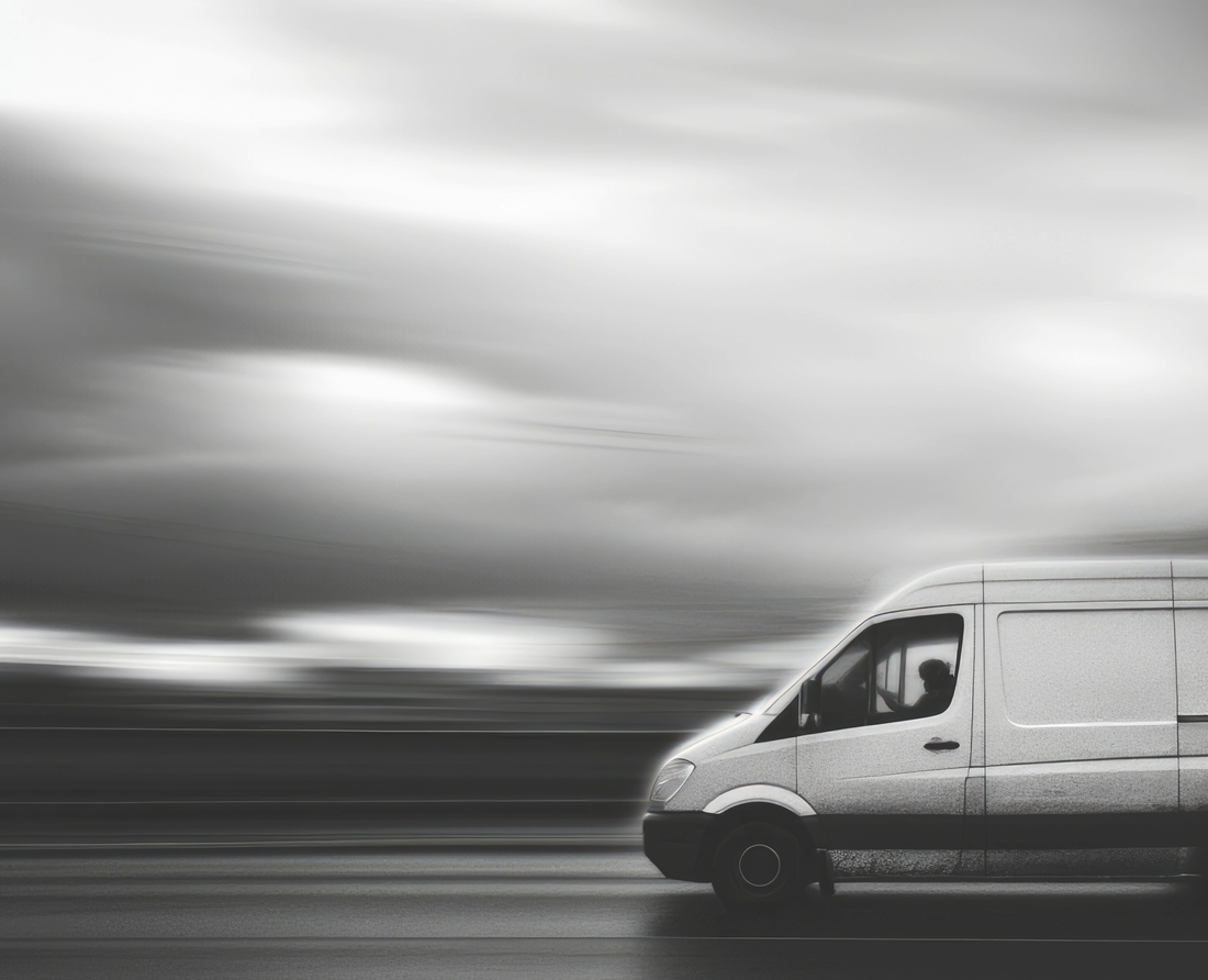 White van in motion on a blurred road with dark sky