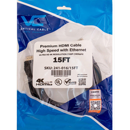 Vertical Cable High Speed Gold Plated CL3 HDMI 4K 2.0 Cable - 15'
