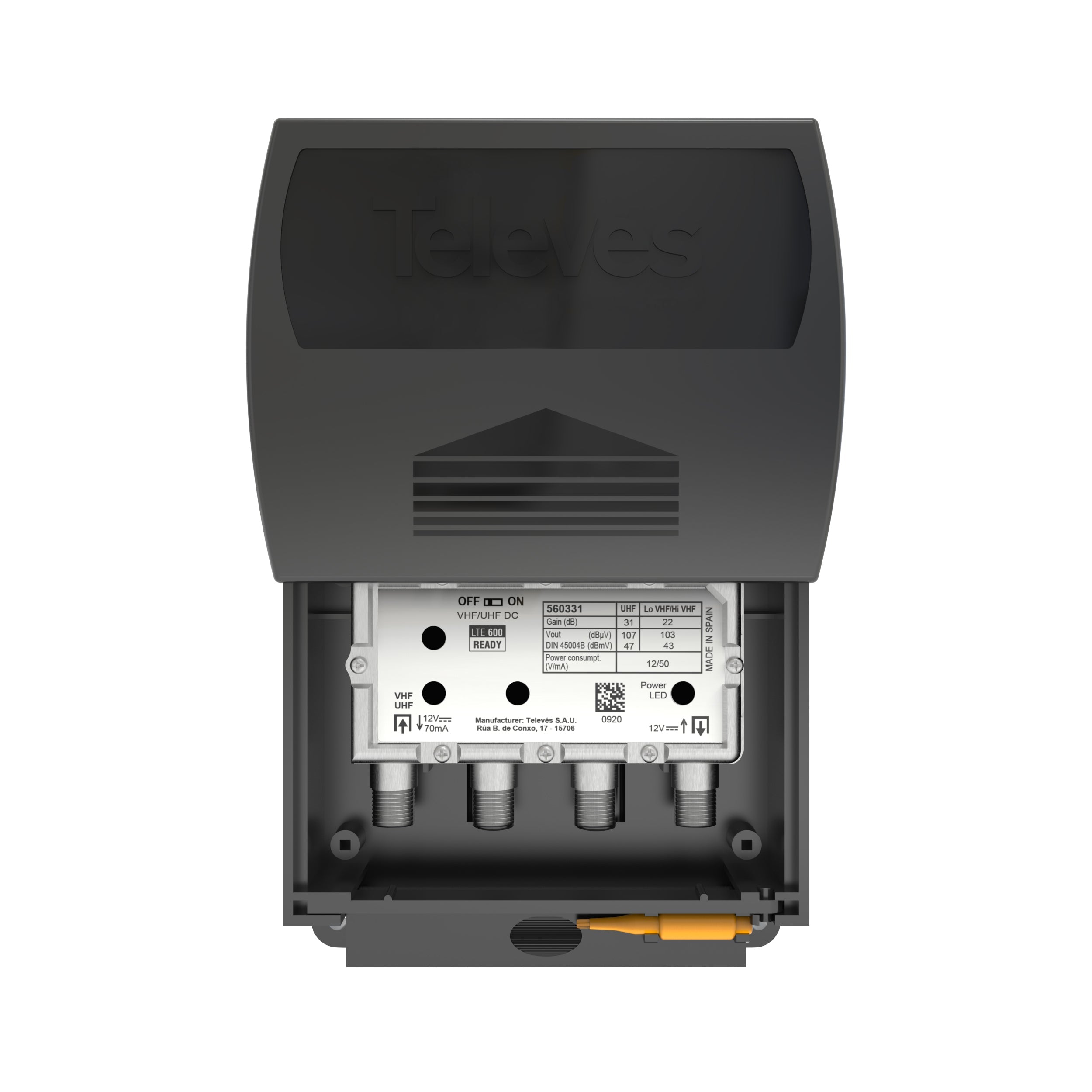 Televes T-Force LowVHF/HighVHF/UHF 22-dB Mast-Mounted Antenna Preamplifier
