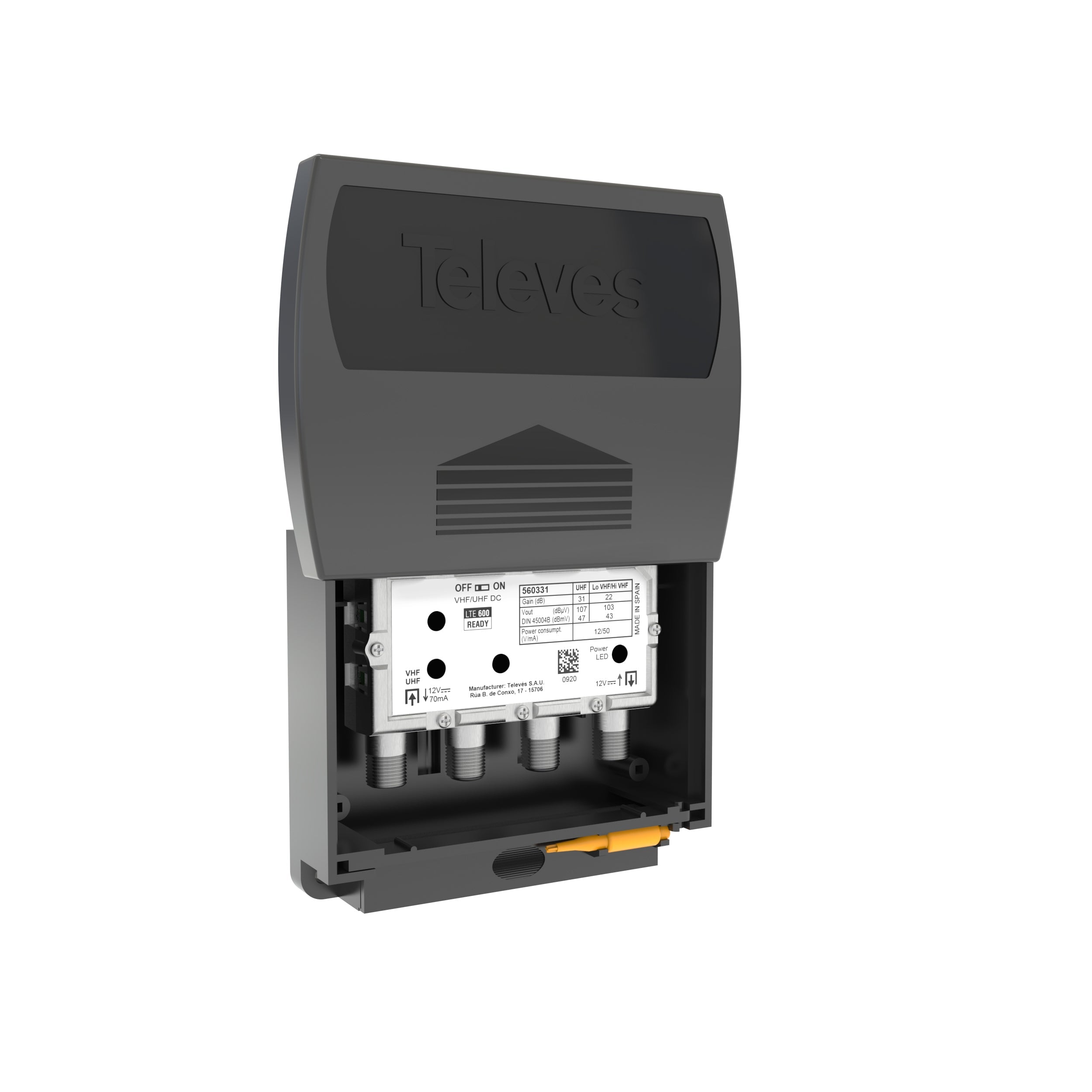 Televes T-Force LowVHF/HighVHF/UHF 22-dB Mast-Mounted Antenna Preamplifier