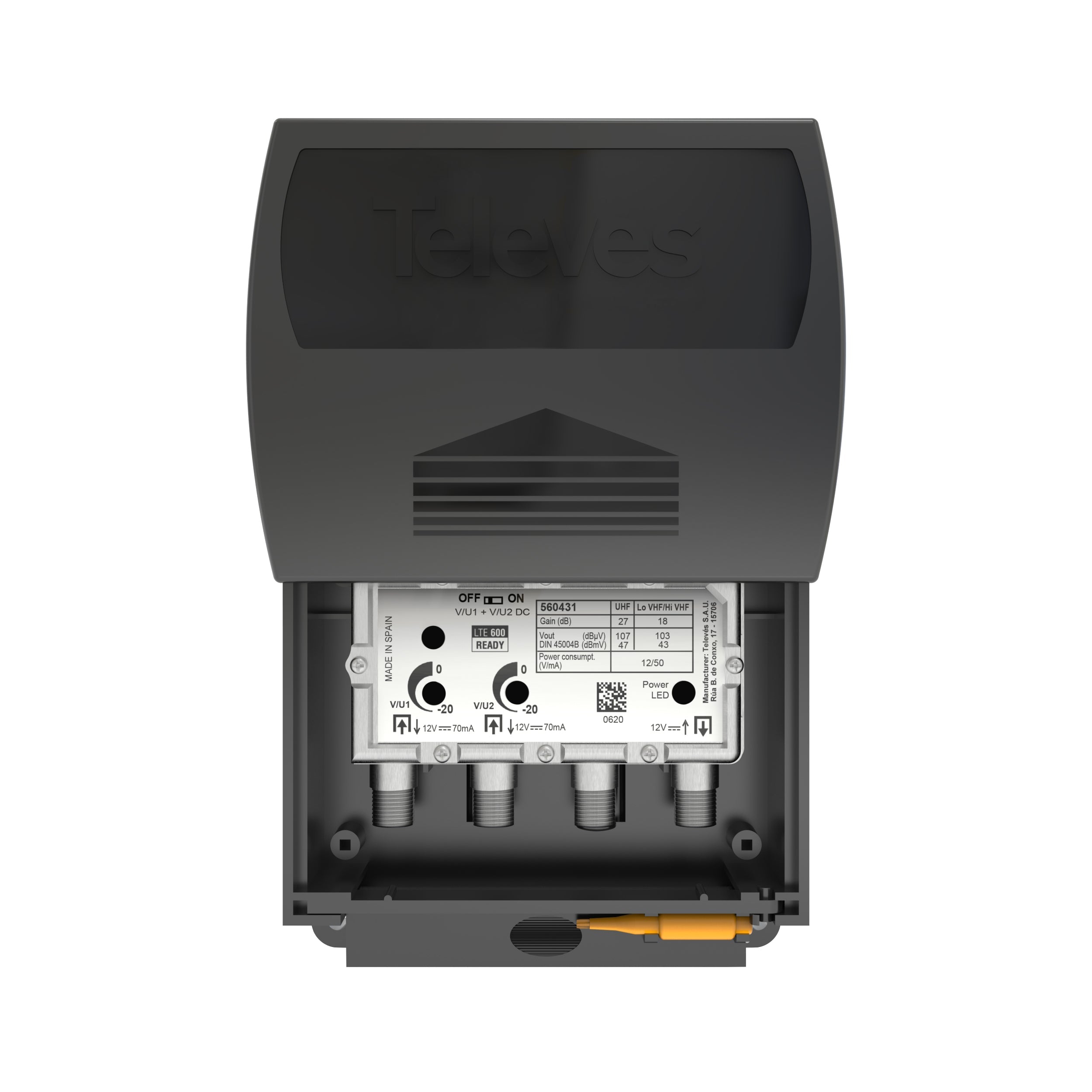 Televes T-Force LowVHF/HighVHF/UHF 22-dB Mast-Mounted Antenna Preamplifier