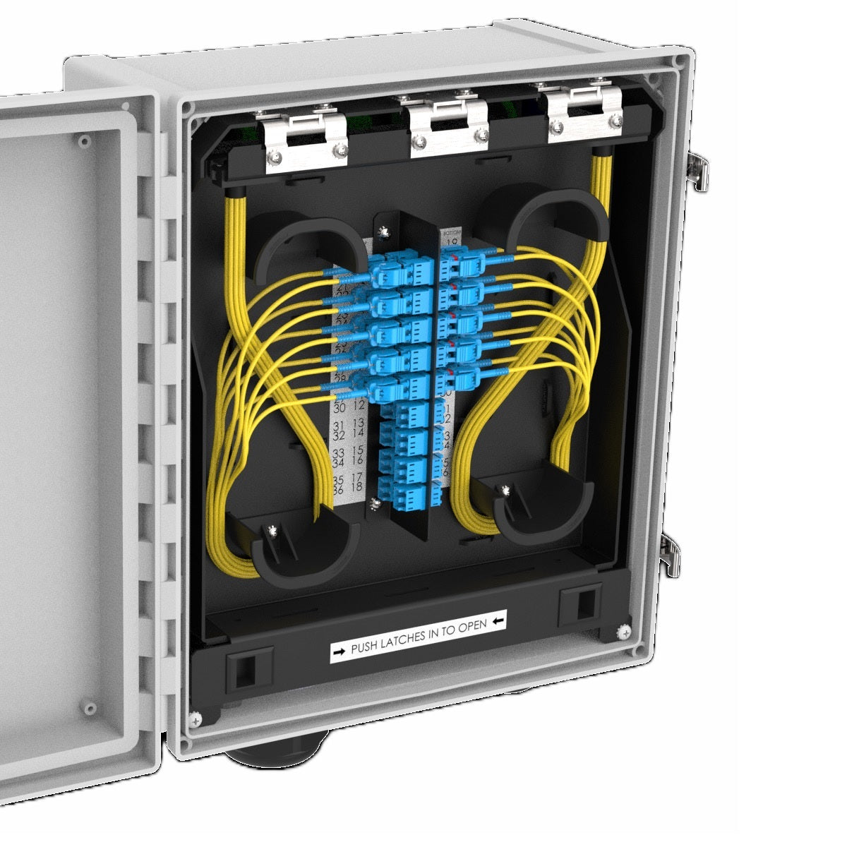 viaPhoton Outdoor Hybrid Enclosure 24-fiber SM LC 12-conductor, w/ 6 Duplex SPD and Alarm, Gland Pattern 4 - 15.4" x 13.5" x 7.6"