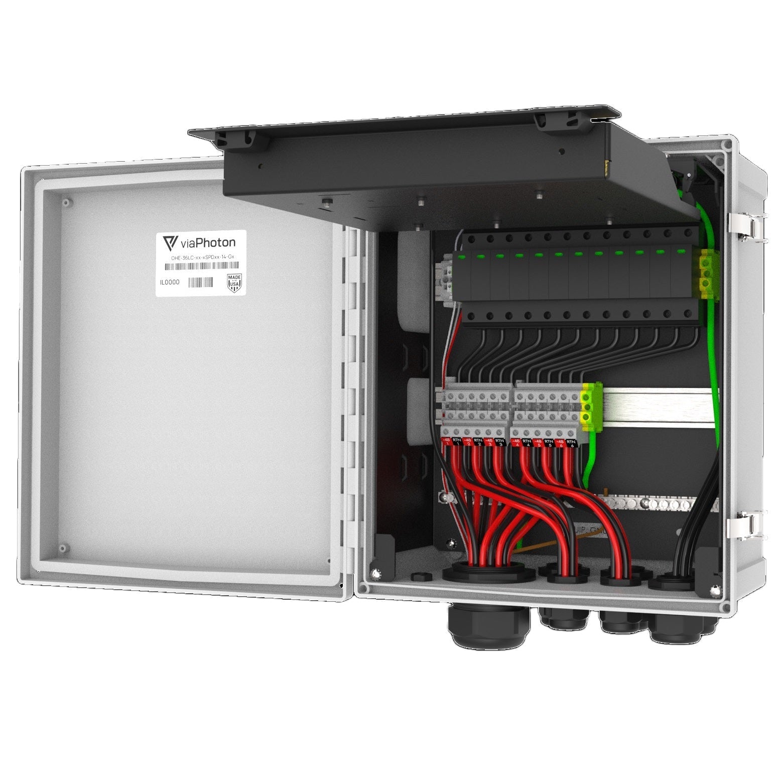 viaPhoton Outdoor Hybrid Enclosure 24-fiber SM LC 12-conductor, w/ 6 Duplex SPD and Alarm, Gland Pattern 4 - 15.4" x 13.5" x 7.6"