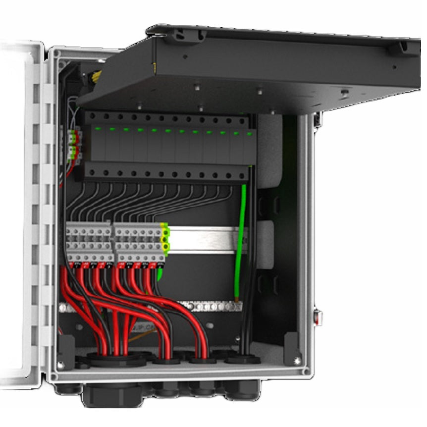 viaPhoton Outdoor Hybrid Enclosure 24-fiber SM LC 12-conductor, w/ 6 Duplex SPD and Alarm, Gland Pattern 4 - 15.4" x 13.5" x 7.6"