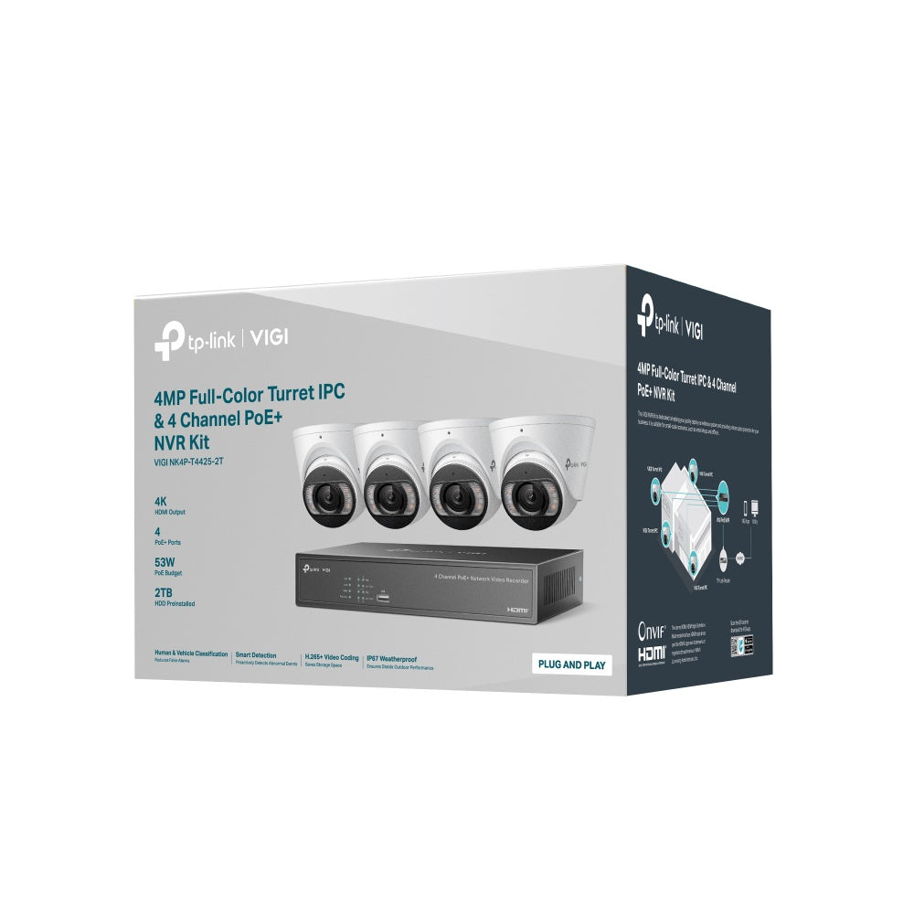 TP-Link VIGI 4MP Full-Color Turret IPC & 4 Channel PoE+ NVR Kit - 2TB HDD