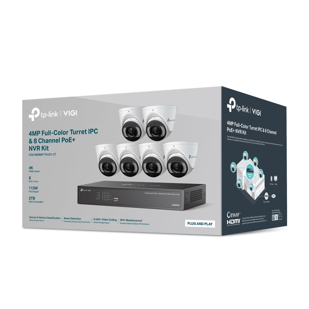 TP-Link VIGI 4MP Full-Color Turret IPC & 8 Channel PoE+ NVR Kit - 2TB HDD