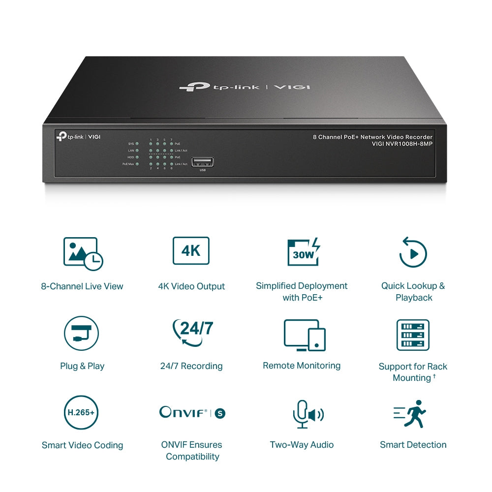 TP-Link VIGI 8 CHPoE+ NVR - 1 SATA - 4K HDMI